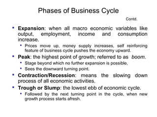 Phases of Business Cycle
Contd.

 Expansion: when all macro economic variables like
output, employment, income and consumption
increase.
 Prices move up, money supply increases, self reinforcing
feature of business cycle pushes the economy upward.

 Peak: the highest point of growth; referred to as boom.
 Stage beyond which no further expansion is possible,
 Sees the downward turning point.

 Contraction/Recession: means the slowing down
process of all economic activities.
 Trough or Slump: the lowest ebb of economic cycle.
 Followed by the next turning point in the cycle, when new
growth process starts afresh.

 