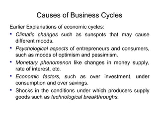 Causes of Business Cycles
Earlier Explanations of economic cycles:
 Climatic changes such as sunspots that may cause
different moods.
 Psychological aspects of entrepreneurs and consumers,
such as moods of optimism and pessimism.
 Monetary phenomenon like changes in money supply,
rate of interest, etc.
 Economic factors, such as over investment, under
consumption and over savings.
 Shocks in the conditions under which producers supply
goods such as technological breakthroughs.

 