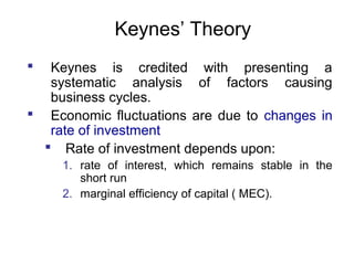 Keynes’ Theory
Keynes is credited with presenting a
systematic analysis of factors causing
business cycles.
 Economic fluctuations are due to changes in
rate of investment
 Rate of investment depends upon:


1. rate of interest, which remains stable in the
short run
2. marginal efficiency of capital ( MEC).

 