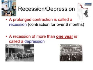Recession/Depression
• A prolonged contraction is called a
recession (contraction for over 6 months)
• A recession of more than one year is
called a depression
 