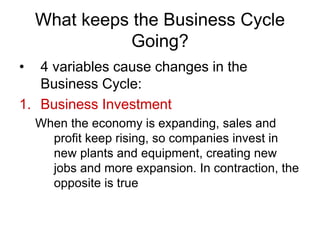 What keeps the Business Cycle
Going?
• 4 variables cause changes in the
Business Cycle:
1. Business Investment
When the economy is expanding, sales and
profit keep rising, so companies invest in
new plants and equipment, creating new
jobs and more expansion. In contraction, the
opposite is true
 