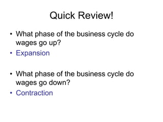 Quick Review!
• What phase of the business cycle do
wages go up?
• Expansion
• What phase of the business cycle do
wages go down?
• Contraction
 