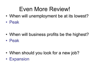 Even More Review!
• When will unemployment be at its lowest?
• Peak
• When will business profits be the highest?
• Peak
• When should you look for a new job?
• Expansion
 
