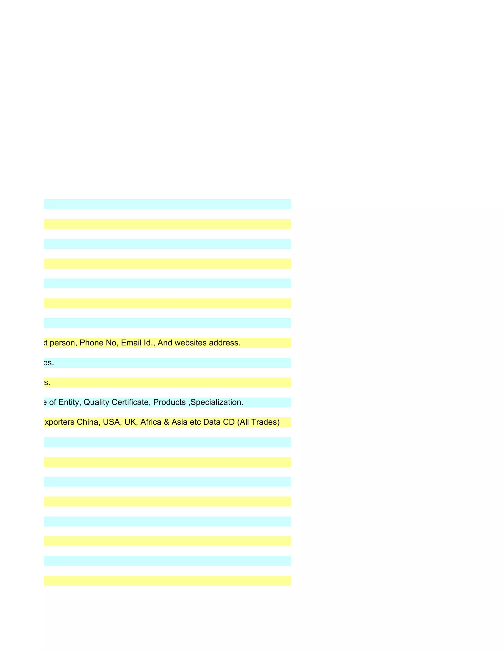ress, Contact person, Phone No, Email Id., And websites address.

il ID, Websites.

 ID, Websites.

ployee, Type of Entity, Quality Certificate, Products ,Specialization.

00 Foreign Exporters China, USA, UK, Africa & Asia etc Data CD (All Trades)
 