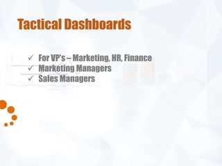 Tactical Dashboards 
 For VP’s – Marketing, HR, Finance 
 Marketing Managers 
 Sales Managers 
 