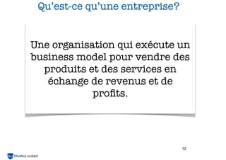 Qu’est-ce qu’une entreprise?

Une organisation qui exécute un
business model pour vendre des
produits et des services en
échange de revenus et de
proﬁts.

12

 