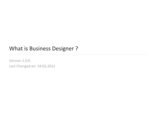 What	
  is	
  Business	
  Designer	
  ?	
  
Version	
  1.0.0	
  
Last	
  Changed	
  on:	
  19.02.2012	
  	
  
 