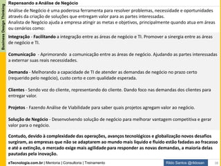 eTecnologia.com.br | Mentoria | Consultoria | Treinamento
BusinessDesignThinking
Rildo Santos @rildosan
Resposta: A Análise de Negócio é muito boa para fazer inovação incremental baseada em melhoria
contínua, ou seja, manter o produto ou serviço. Mas, a Análise de Negócio não é boa o suficiente para
fazer inovação evolutiva e disruptiva, geralmente ela fica abaixo da expectativa.
Inovando com Análise de Negócio e técnicas e práticas:
Repensando a Análise de Negócio
Análise de Negócio e suas técnicas práticas dão
conta de fazer a inovação evolutiva e disruptiva?
38
Incremental,
evolutiva e
disruptiva
Incremental e às
vezes evolutiva
 