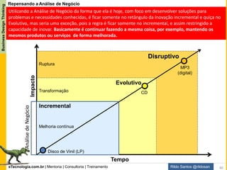 eTecnologia.com.br | Mentoria | Consultoria | Treinamento
BusinessDesignThinking
Rildo Santos @rildosan
Repensando a Análise de Negócio
Um pequena comparação entre a Inovação Incremental, Evolutiva e Disruptiva:
Inovação Incremental e Evolutiva Inovação Disruptiva
Problema é conhecido Problema não é conhecido
Existe um mercado definido Cria novo mercado
Aumento de desempenho, redução de custos,
melhoria da qualidade e incremento de novas
funcionalidades
Novo produto, serviço ou modelo de negócio
Segmento de clientes definido Segmento de clientes desconhecidos
Previsibilidade de demanda Demanda imprevisível
Risco baixo ou moderado Alto risco
Métodos tradicionais são suficientes Métodos tradicionais falham, é necessário
métodos de design
Pensar dentro da caixa Pensar fora da caixa
40
 