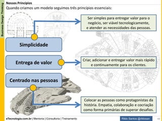 eTecnologia.com.br | Mentoria | Consultoria | Treinamento
BusinessDesignThinking
Rildo Santos @rildosan 48
Roadmap da Transformação
1 Adaptar o
BABOK
Adotar a
abordagem
Centrado no
ser Humano
2
Definir o
Modelo
Business
Design
Thinking
3
4
Mudar a
mentalidade da
Análise de Negócio
O roadmap da transformação é composto de quatro passos. Mas, não se engane esses passos são
desafios, que exigem muito trabalho, uma nova forma de pensar a Analise de Negócio, novos saberes,
sabores, super poderes...
 