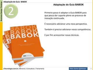 eTecnologia.com.br | Mentoria | Consultoria | Treinamento
BusinessDesignThinking
Rildo Santos @rildosan 57
Técnicas de Análise de Negócio
Acrescentando novas técnicas que favorecem e facilitam a execução das tarefas de análise de negócio
associadas a inovação.
Pesquisa Desk
Pesquisa Exploratória
Requadramento
Um dia na vida
Acompanhamento (Shadowing)
Cadernos de Sensibilização
Sessão Generativa
Cartões de Insight
Diagramas de Afinidades
Mapa Conceitual
Critérios Norteadores
Mapa de Empatia
Jornada do Cliente
Blueprint
Cardápio de Ideias
Matriz de Posicionamento
Modelo de volume
Encenação
Storyboard
Matriz CDH (Certezas, Dúvidas e Hipóteses)
Pensamento Visual (Visual Thinking)
Safári de Serviços
Entrevistas Contextuais
5 Porquês
Sondagem Cultural
Etnografia Móvel (Pesquisa etnográfica)
Mapa de Expectativas
Geração de Ideias
What IF (E se...?)
Pensamento Ágil
Cocriação
Storytelling
Mapa de Ciclo do Vida do Usuário
Critério de Aceite e Avaliação
Gerenciamento de Backlog
Balanced Scorecard (BSC)
Benchmarking e Análise de Mercado
Brainstorming
Análise de Capacidade de Negócio
Caso de Negócio (Business Cases)
Business Model Canvas (BMC)
Análise de Regras de Negócio
Jogos Colaborativos
Modelagem Conceitual
Dicionários de Dados
Diagrama de Fluxo de Dados (DFD)
Mineração de Dados (Data Mining)
Modelagem de Dados
Análise de Decisão
Modelagem de Decisão
Análise de Documentos
Estimativa
Análise Financeira
Grupos de Focais
Decomposição Funcional
Glossário
Análise de Interface
Entrevistas
Item Tracking (Controle de Item)
Lições Aprendidas
Métricas e Indicadores de Desempenho (KPIs)
Mapa Mental
Análise de Requisitos não funcionais
Observação
Modelagem Organizacional
Priorização
Análise de Processos
Modelagem de Processos
Prototipagem
Revisão
Gerenciamento e Análise de Risco
Matriz de Papéis e Responsabilidade (RACI)
Análise de Causa Raiz
Modelagem de Escopo
Diagrama de Sequência
Lista de Parte Interessadas , Mapa ou Personas
Modelagem de estado
Questionário ou Pesquisa (survey)
Análise SWOT
Caso de Uso e Cenários
Histórias do Usuário (User Stories)
Avaliação de Fornecedores
Workshops
 