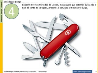 eTecnologia.com.br | Mentoria | Consultoria | Treinamento
BusinessDesignThinking
Rildo Santos @rildosan
Design Thinking
Processo de Design Thinking da Stanford d.school:
Modelo proposto pela de Stanford d.School (Universidade de Stanford)*:
*A Stanford d.School é um centro de inovação, colaboração e criatividade em Stanford. Que tem como
missão é ajudar as pessoas a se tornar inovadores todos os dias e em qualquer lugar.
74
 