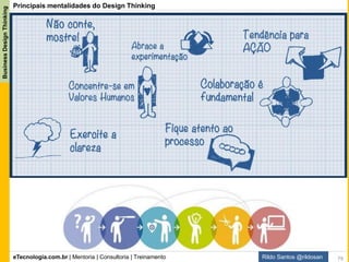 eTecnologia.com.br | Mentoria | Consultoria | Treinamento
BusinessDesignThinking
Rildo Santos @rildosan 79
Métodos de Design
Business Design Thinking
"As empresas que pensam no design se destacam na
sua vontade de se envolver na tarefa de redesenhar
continuamente seus negócios ... para criar avanços
em inovação e eficiência - a combinação que produz
a mais poderosa vantagem competitiva." -
Roger Martin, autor The Design of Business
 