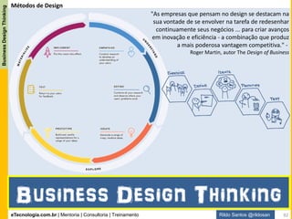 eTecnologia.com.br | Mentoria | Consultoria | Treinamento
BusinessDesignThinking
Rildo Santos @rildosan
O Business Design Thinking possibilita todos os tipos de inovação, ou seja, inovar de forma incremental e
evolutiva, ele também abre a oportunidade de desenvolver a disrupção, criar novo modelo de negócio,
nova vantagem competitiva, um novo produto ou serviço para um novo mercado.
Tempo
Impacto
Incremental
Evolutiva
Disruptivo
Carro
flex
(produto)
Car
Sharing1
(Serviço)
Carro (produto)
Carro
elétrico
(produto)
BusinessDesignThinking
Melhoria contínua
Transformação
Ruptura
Business Design Thinking e Inovação
82
 
