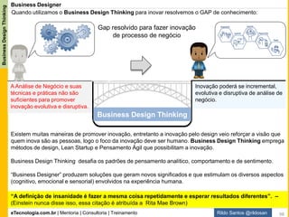 eTecnologia.com.br | Mentoria | Consultoria | Treinamento
BusinessDesignThinking
Rildo Santos @rildosan
Workshop Business Design Thinking
"Feliz aquele que transfere o que sabe
e aprende o que ensina."
Cora Coralina
98
 