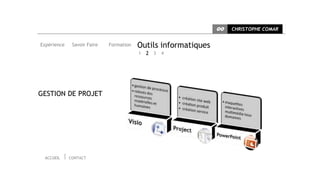 CC   CHRISTOPHE COMAR


Expérience    Savoir Faire   Formation   Outils informatiques
                                         1   2 3   4




GESTION DE PROJET




 ACCUEIL     CONTACT
 