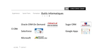 CC   CHRISTOPHE COMAR


Expérience     Savoir Faire   Formation   Outils informatiques
                                          1   2   3   4




             Oracle CRM On Demand                                Sugar CRM
E-CRM
             SalesForce                                          Google Apps

             Microsoft


 ACCUEIL     CONTACT
 