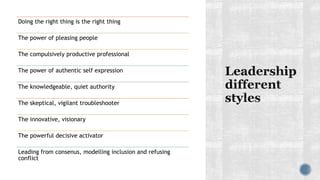 Doing the right thing is the right thing
The power of pleasing people
The compulsively productive professional
The power of authentic self expression
The knowledgeable, quiet authority
The skeptical, vigilant troubleshooter
The innovative, visionary
The powerful decisive activator
Leading from consenus, modelling inclusion and refusing
conflict
 