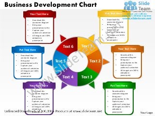 Business Development Chart
                   Your Text Here                                         Put Text Here
               •     Download this                                    •    Download this
                     awesome diagram                                       awesome diagram
               •     Bring your                                       •    Bring your
                     presentation to life                                  presentation to life
               •     Capture your                                     •    Capture your
                     audience’s attention                                  audience’s attention
               •     All images are 100%                              •    All images are 100%
                     editable in                                           editable in
                     powerpoint                                            powerpoint


                                                Text 6   Text 1
       Put Text Here                                                                    Your Text Here

   •    Download this                                                               •    Download this
        awesome diagram                                                                  awesome diagram
                                                                                    •    Bring your
   •    Bring your
        presentation to life
                                            Text 5           Text 2                      presentation to life
   •    Capture your                                                                •    Capture your
        audience’s attention                                                             audience’s attention
   •    All images are 100%                                                         •    All images are 100%
        editable in                                                                      editable in
                                                                                         powerpoint
        powerpoint
                                                Text 4   Text 3
                   Your Text Here                                              Put Text Here
              •     Download this                                          •    Download this
                    awesome diagram                                             awesome diagram
              •     Bring your                                             •    Bring your
                    presentation to life                                        presentation to life
              •     Capture your                                           •    Capture your
                    audience’s attention                                        audience’s attention
              •     All images are 100%                                    •    All images are 100%
                    editable in                                                 editable in
                    powerpoint                                                  powerpoint
                                                                                                                Your Logo
 