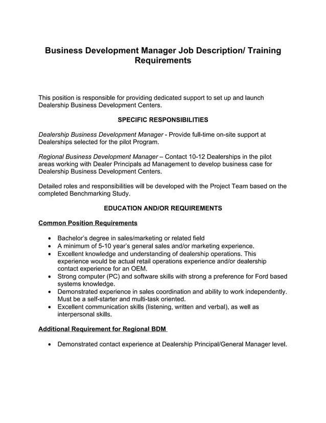 Business development manager job description ford