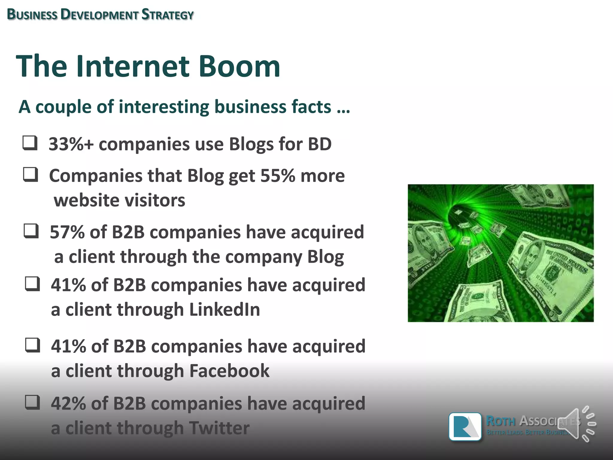 The Internet Boom
A couple of interesting business facts …
 33%+ companies use Blogs for BD
 Companies that Blog get 55% more
website visitors
 57% of B2B companies have acquired
a client through the company Blog
BUSINESS DEVELOPMENT STRATEGY
 41% of B2B companies have acquired
a client through LinkedIn
ROTH ASSOCIATES
BETTER LEADS. BETTER BUSINESS.
 41% of B2B companies have acquired
a client through Facebook
 42% of B2B companies have acquired
a client through Twitter
 