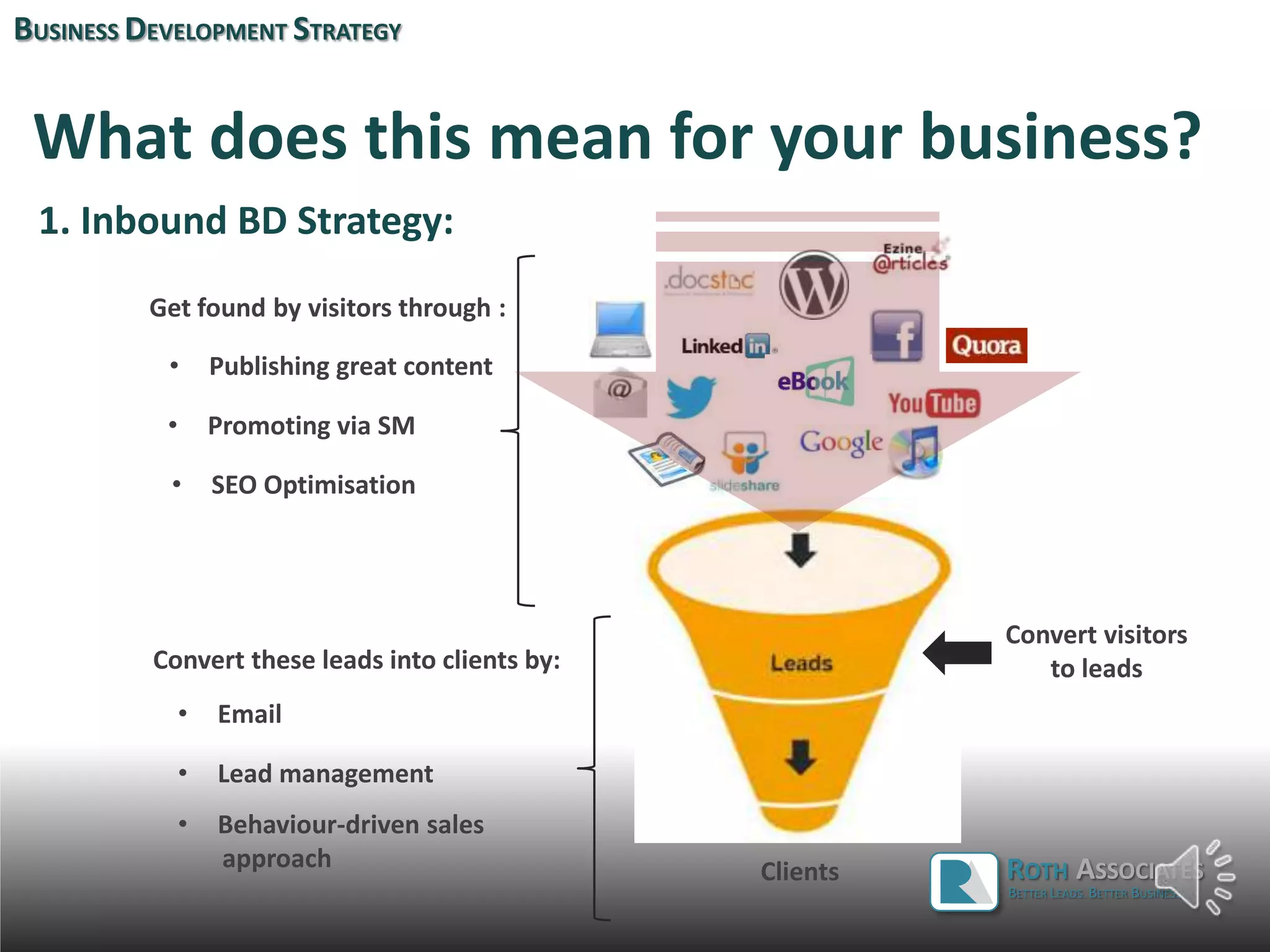 What does this mean for your business?
Website Visitors
Convert visitors
to leads
Get found by visitors through :
• Publishing great content
• Promoting via SM
• SEO Optimisation
Convert these leads into clients by:
1. Inbound BD Strategy:
BUSINESS DEVELOPMENT STRATEGY
ROTH ASSOCIATES
BETTER LEADS. BETTER BUSINESS.
Clients
• Email
• Lead management
• Behaviour-driven sales
approach
 