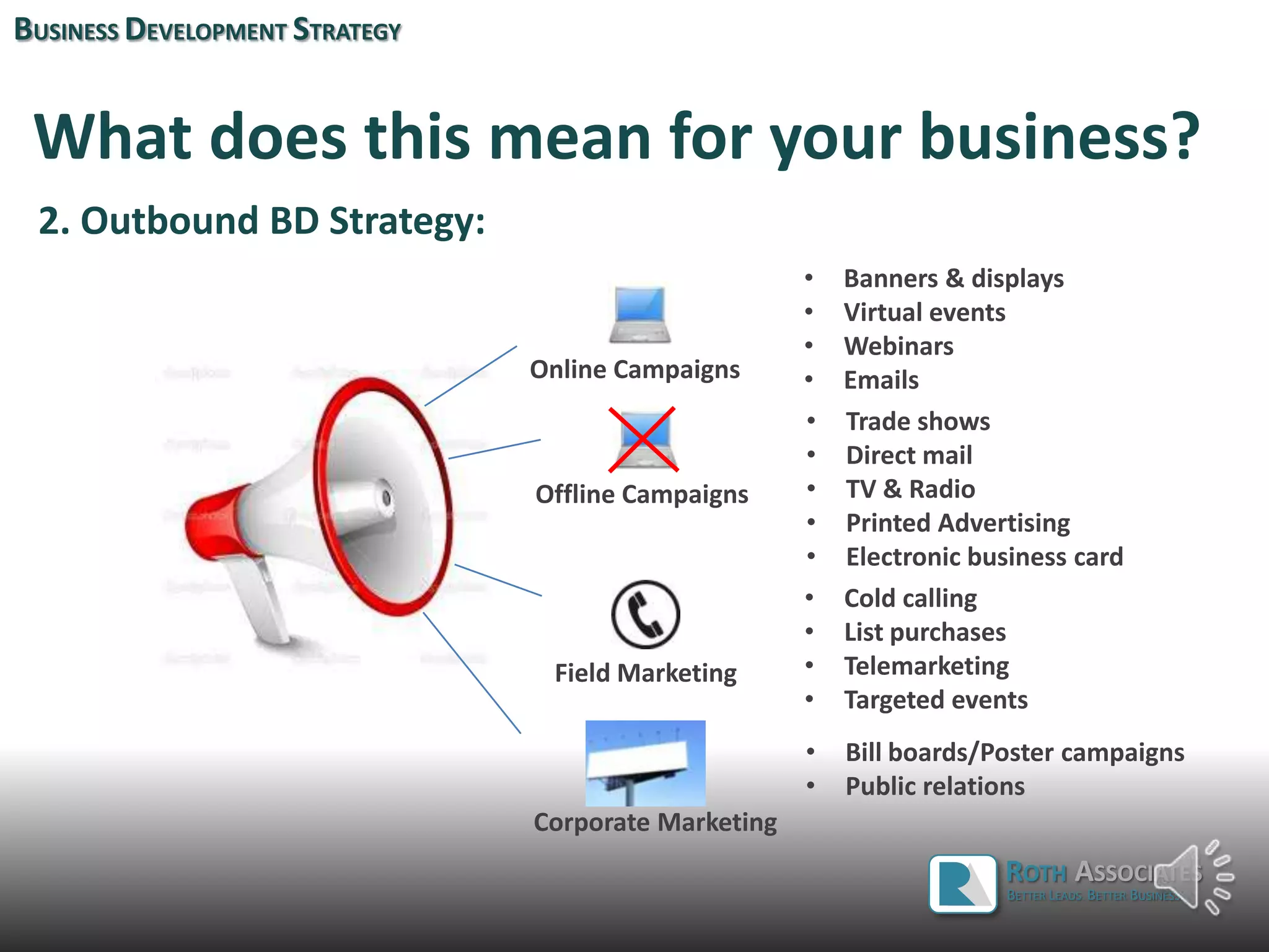 What does this mean for your business?
2. Outbound BD Strategy:
Online Campaigns
• Banners & displays
• Virtual events
• Webinars
• Emails
Offline Campaigns
• Trade shows
• Direct mail
• TV & Radio
• Printed Advertising
• Electronic business card
Field Marketing
• Cold calling
• List purchases
• Telemarketing
• Targeted events
BUSINESS DEVELOPMENT STRATEGY
ROTH ASSOCIATES
BETTER LEADS. BETTER BUSINESS.
• Bill boards/Poster campaigns
• Public relations
Corporate Marketing
 