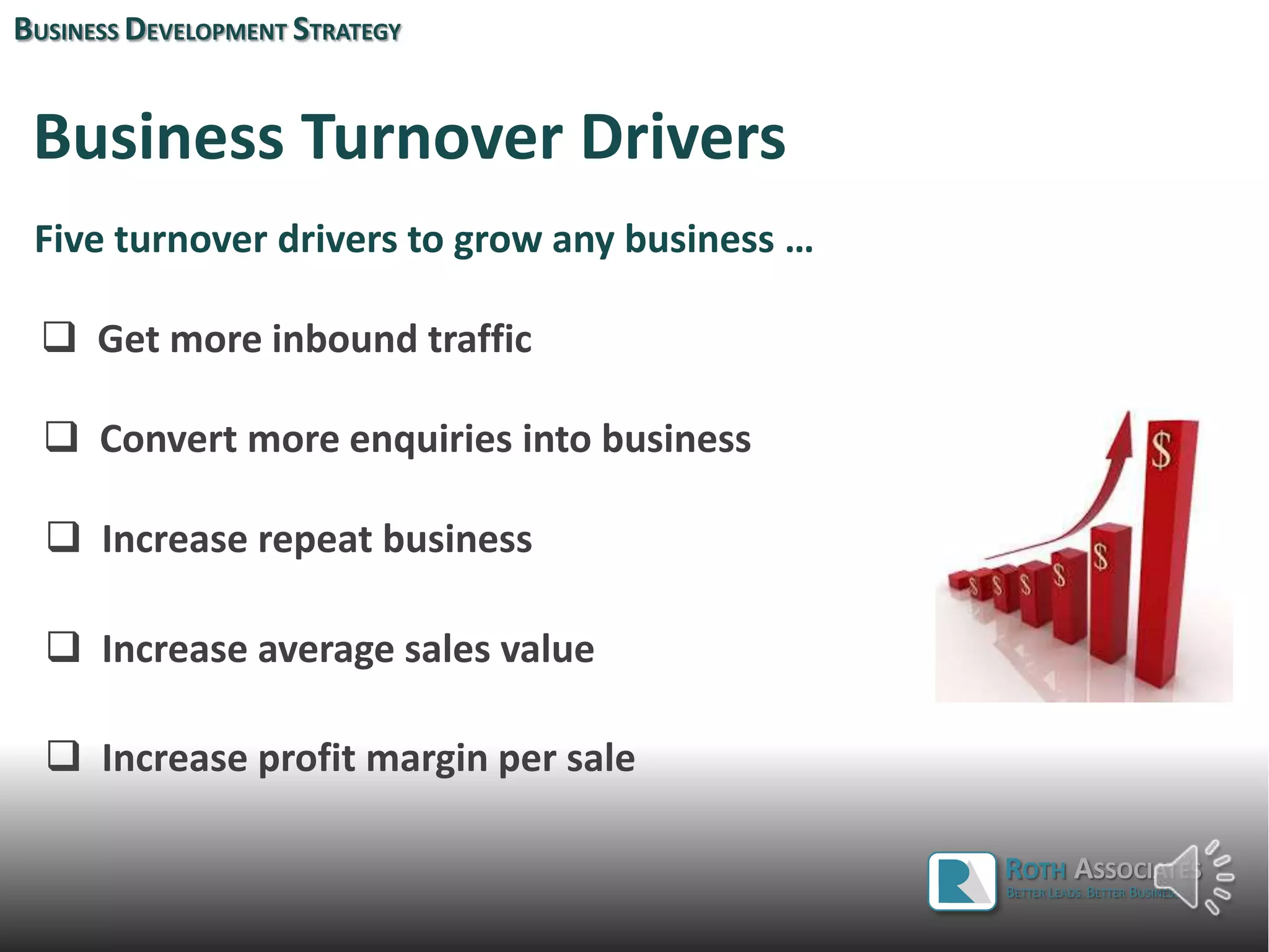 Business Turnover Drivers
Five turnover drivers to grow any business …
 Get more inbound traffic
 Convert more enquiries into business
 Increase repeat business
 Increase average sales value
BUSINESS DEVELOPMENT STRATEGY
ROTH ASSOCIATES
BETTER LEADS. BETTER BUSINESS.
 Increase profit margin per sale
 