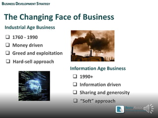 The Changing Face of Business
Industrial Age Business
 Money driven
 Greed and exploitation
 Hard-sell approach
 1760 - 1990
Information Age Business
 Information driven
 1990+
BUSINESS DEVELOPMENT STRATEGY
ROTH ASSOCIATES
BETTER LEADS. BETTER BUSINESS.
 Sharing and generosity
 “Soft” approach
 