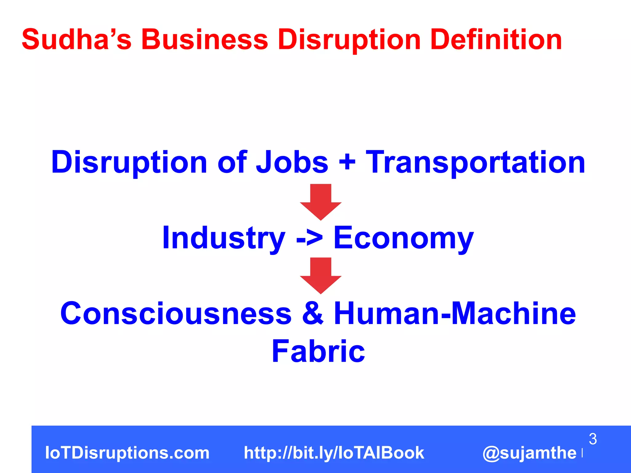 Disruption of Jobs + Transportation
Industry -> Economy
Consciousness & Human-Machine
Fabric
3
Sudha’s Business Disruption Definition
IoTDisruptions.com http://bit.ly/IoTAIBook @sujamthe