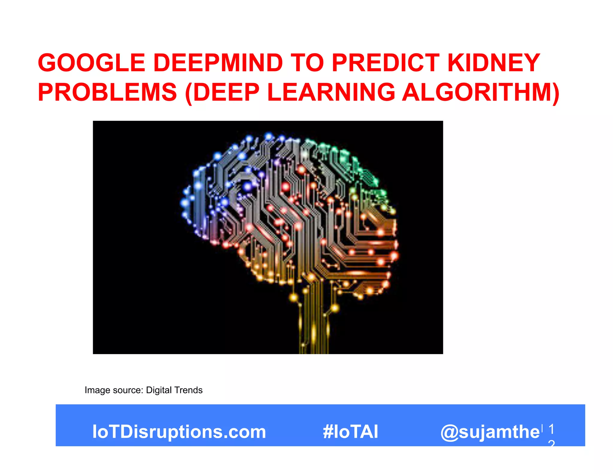 GOOGLE DEEPMIND TO PREDICT KIDNEY
PROBLEMS (DEEP LEARNING ALGORITHM)
1
2
Image source: Digital Trends
IoTDisruptions.com #IoTAI @sujamthe
 