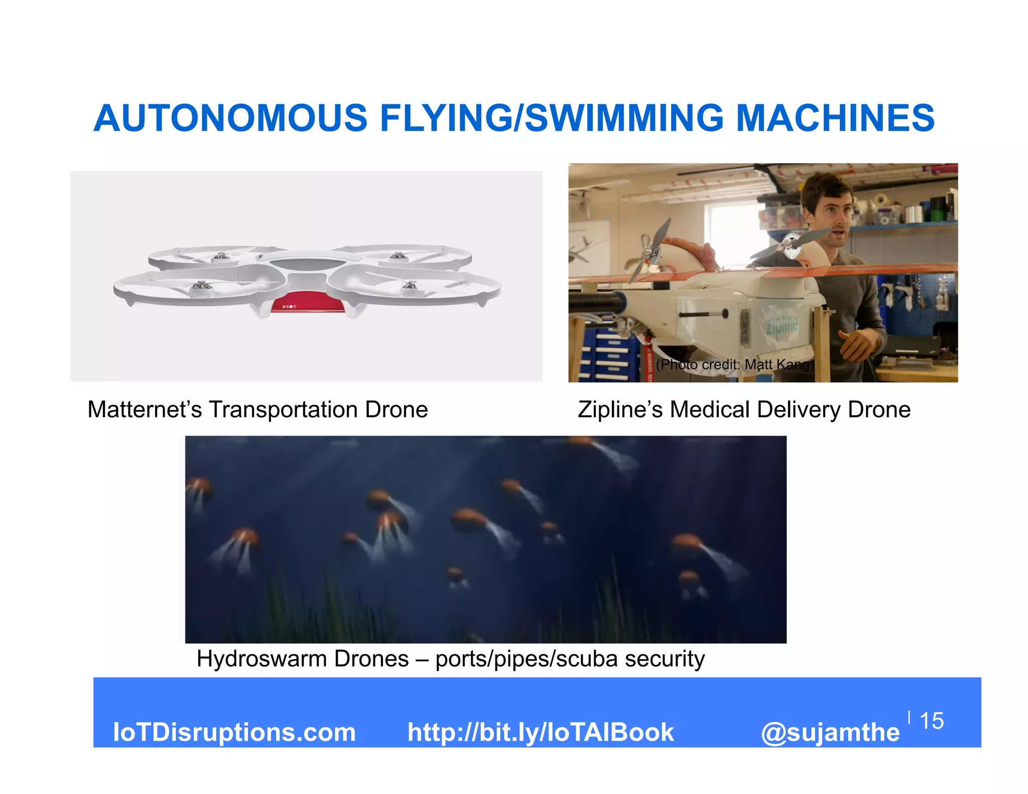 AUTONOMOUS FLYING/SWIMMING MACHINES
15
Matternet’s Transportation Drone
IoTDisruptions.com http://bit.ly/IoTAIBook @sujamthe
Zipline’s Medical Delivery Drone
(Photo credit: Matt Kang)
Hydroswarm Drones – ports/pipes/scuba security
 