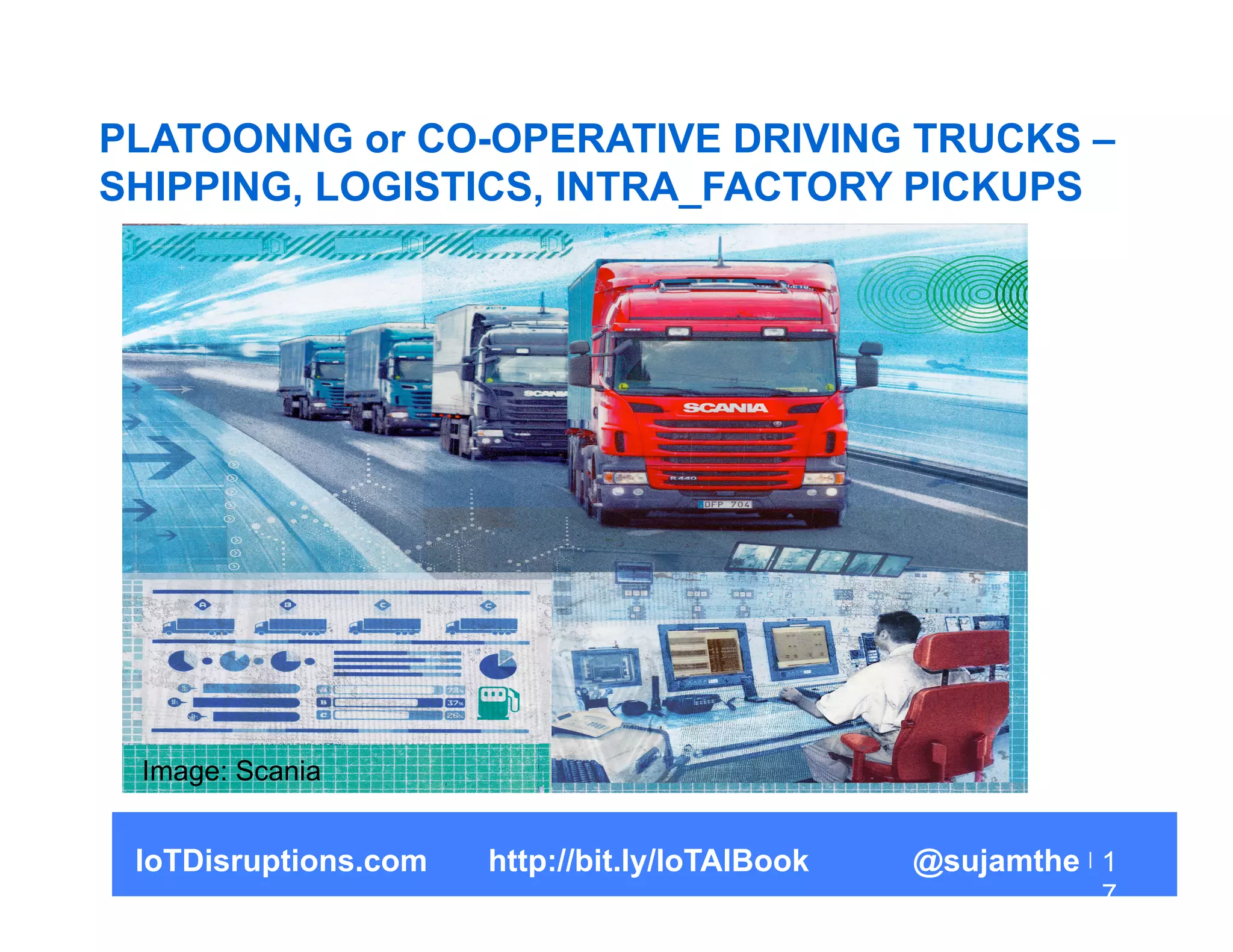 PLATOONNG or CO-OPERATIVE DRIVING TRUCKS –
SHIPPING, LOGISTICS, INTRA_FACTORY PICKUPS
1
7
Image: Scania
IoTDisruptions.com http://bit.ly/IoTAIBook @sujamthe
 