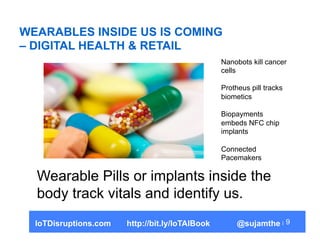 WEARABLES INSIDE US IS COMING
– DIGITAL HEALTH & RETAIL
9
Wearable Pills or implants inside the
body track vitals and iden...