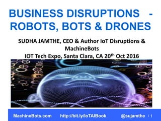 1
BUSINESS DISRUPTIONS -
ROBOTS, BOTS & DRONES
SUDHA JAMTHE, CEO & Author IoT Disruptions &
MachineBots
IOT Tech Expo, Santa Clara, CA 20th Oct 2016
MachineBots.com http://bit.ly/IoTAIBook @sujamthe
 