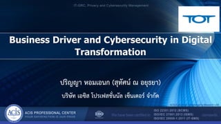  Security Intelligence
© All Rights ReservedACIS
ปริญญา หอมเอนก (สุทัศน์ ณ อยุธยา)
Business Driver and Cybersecurity in Digital
Transformation
IT-GRC, Privacy and Cybersecurity Management
We have been certified to standards.
ISO 22301:2012 (BCMS)
ISO/IEC 27001:2013 (ISMS)
ISO/IEC 20000-1:2011 (IT-SMS)
ACIS PROFESSIONAL CENTER
บริษัท เอซิส โปรเฟสชั่นนัล เซ็นเตอร์ จากัด
ACIS/Cybertron Cybersecurity Research LAB
 