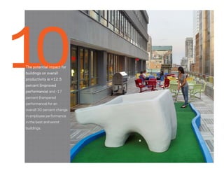 The potential impact for
buildings on overall
productivity is +12.5
percent (improved
performance) and -17
percent (hampered
performance) for an
overall 30 percent change
in employee performance
in the best and worst
buildings.
 