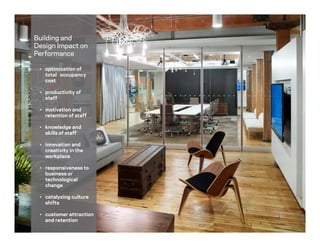 Building and
Design Impact on
Performance
• optimization of
total occupancy
cost
• productivity of
staff
• motivation and
retention of staff
• knowledge and
skills of staff
• innovation and
creativity in the
workplace
• responsiveness to
business or
technological
change
• catalyzing culture
shifts
• customer attraction
and retention
 