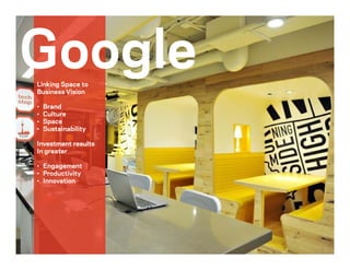 Linking Space to
Business Vision
• Brand
• Culture
• Space
• Sustainability
Investment results
In greater
• Engagement
• Productivity
• Innovation
 