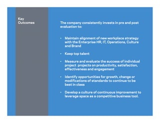 The company consistently invests in pre and post
evaluation to:
• Maintain alignment of new workplace strategy
with the Enterprise HR, IT, Operations, Culture
and Brand
• Keep top talent
• Measure and evaluate the success of individual
project projects on productivity, satisfaction,
effectiveness and engagement
• Identify opportunities for growth, change or
modifications of standards to continue to be
best in class
• Develop a culture of continuous improvement to
leverage space as a competitive business tool.
Key
Outcomes
 
