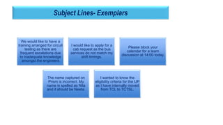 17
Subject Lines- Exemplars
We would like to have a
training arranged for circuit
testing as there are
frequent escalations due
to inadequate knowledge
amongst the engineers
I would like to apply for a
cab request as the bus
services do not match my
shift timings.
Please block your
calendar for a team
discussion at 14:00 today.
The name captured on
Prism is incorrect. My
name is spelled as Nita
and it should be Neeta.
I wanted to know the
eligibility criteria for the IJP
as I have internally moved
from TCL to TCTSL.
 
