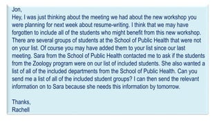 37
Poor Email Content
Jon,
Hey, I was just thinking about the meeting we had about the new workshop you
were planning for next week about resume-writing. I think that we may have
forgotten to include all of the students who might benefit from this new workshop.
There are several groups of students at the School of Public Health that were not
on your list. Of course you may have added them to your list since our last
meeting. Sara from the School of Public Health contacted me to ask if the students
from the Zoology program were on our list of included students. She also wanted a
list of all of the included departments from the School of Public Health. Can you
send me a list of all of the included student groups? I can then send the relevant
information on to Sara because she needs this information by tomorrow.
Thanks,
Rachell
 