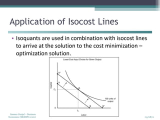 Application of Isocost Lines Isoquants are used in combination with isocost lines to arrive at the solution to the cost minimization – optimization solution.  