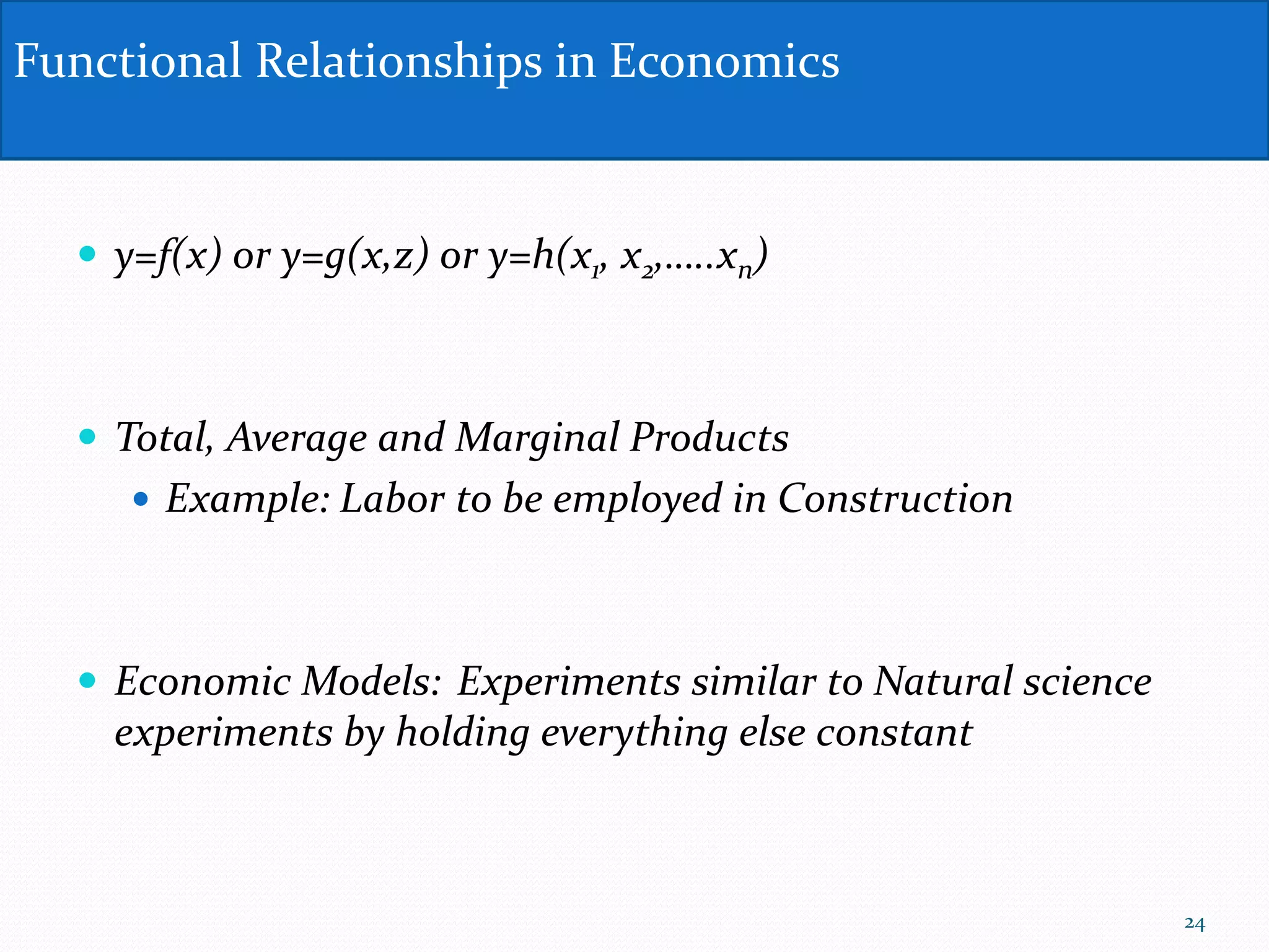  y=f(x) or y=g(x,z) or y=h(x1, x2,…..xn)
 Total, Average and Marginal Products
 Example: Labor to be employed in Construction
 Economic Models: Experiments similar to Natural science
experiments by holding everything else constant
Functional Relationships in Economics
24
 