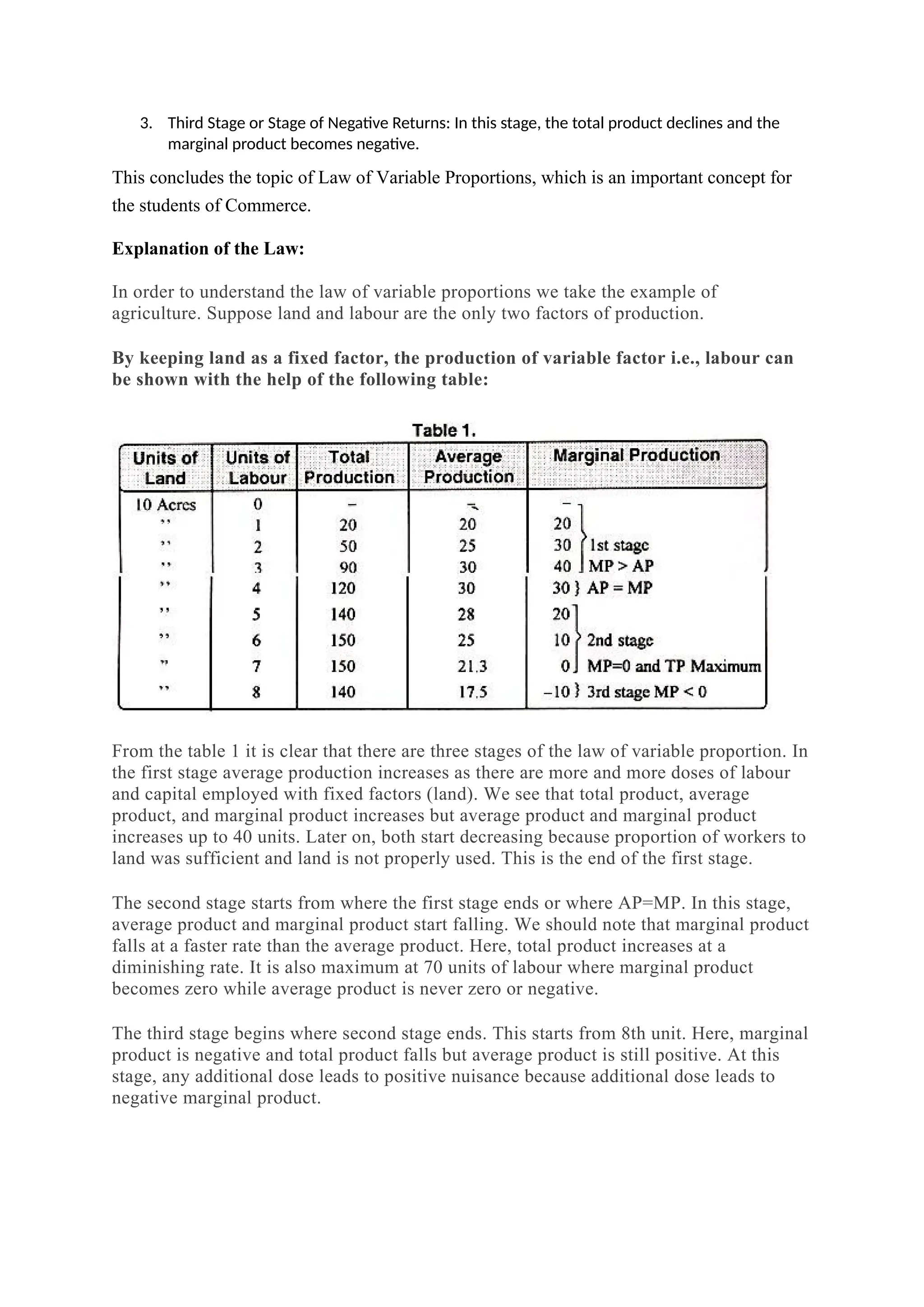 3. Third Stage or Stage of Negative Returns: In this stage, the total product declines and the
marginal product becomes negative.
This concludes the topic of Law of Variable Proportions, which is an important concept for
the students of Commerce.
Explanation of the Law:
In order to understand the law of variable proportions we take the example of
agriculture. Suppose land and labour are the only two factors of production.
By keeping land as a fixed factor, the production of variable factor i.e., labour can
be shown with the help of the following table:
From the table 1 it is clear that there are three stages of the law of variable proportion. In
the first stage average production increases as there are more and more doses of labour
and capital employed with fixed factors (land). We see that total product, average
product, and marginal product increases but average product and marginal product
increases up to 40 units. Later on, both start decreasing because proportion of workers to
land was sufficient and land is not properly used. This is the end of the first stage.
The second stage starts from where the first stage ends or where AP=MP. In this stage,
average product and marginal product start falling. We should note that marginal product
falls at a faster rate than the average product. Here, total product increases at a
diminishing rate. It is also maximum at 70 units of labour where marginal product
becomes zero while average product is never zero or negative.
The third stage begins where second stage ends. This starts from 8th unit. Here, marginal
product is negative and total product falls but average product is still positive. At this
stage, any additional dose leads to positive nuisance because additional dose leads to
negative marginal product.
 