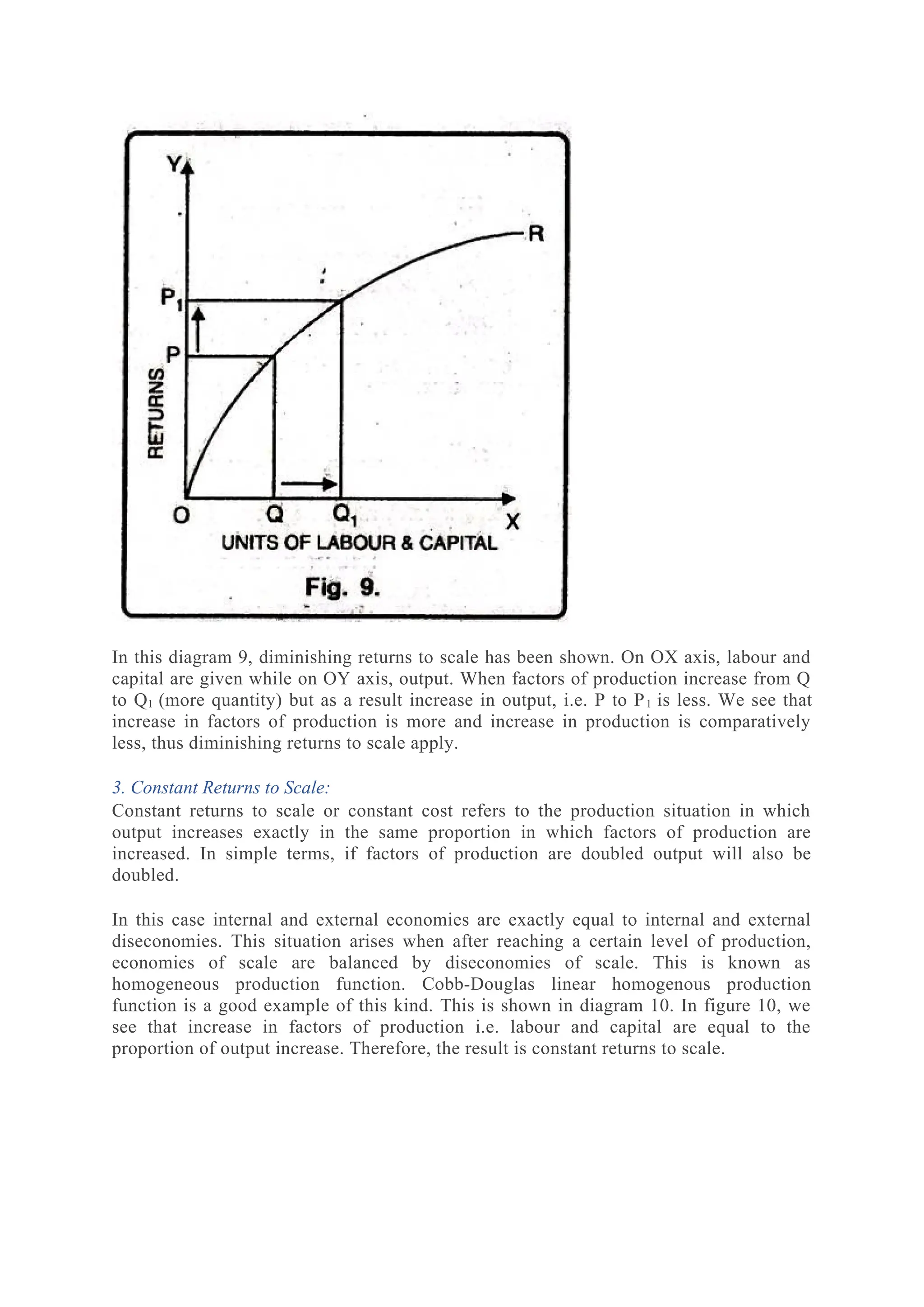 In this diagram 9, diminishing returns to scale has been shown. On OX axis, labour and
capital are given while on OY axis, output. When factors of production increase from Q
to Q1 (more quantity) but as a result increase in output, i.e. P to P1 is less. We see that
increase in factors of production is more and increase in production is comparatively
less, thus diminishing returns to scale apply.
3. Constant Returns to Scale:
Constant returns to scale or constant cost refers to the production situation in which
output increases exactly in the same proportion in which factors of production are
increased. In simple terms, if factors of production are doubled output will also be
doubled.
In this case internal and external economies are exactly equal to internal and external
diseconomies. This situation arises when after reaching a certain level of production,
economies of scale are balanced by diseconomies of scale. This is known as
homogeneous production function. Cobb-Douglas linear homogenous production
function is a good example of this kind. This is shown in diagram 10. In figure 10, we
see that increase in factors of production i.e. labour and capital are equal to the
proportion of output increase. Therefore, the result is constant returns to scale.
 