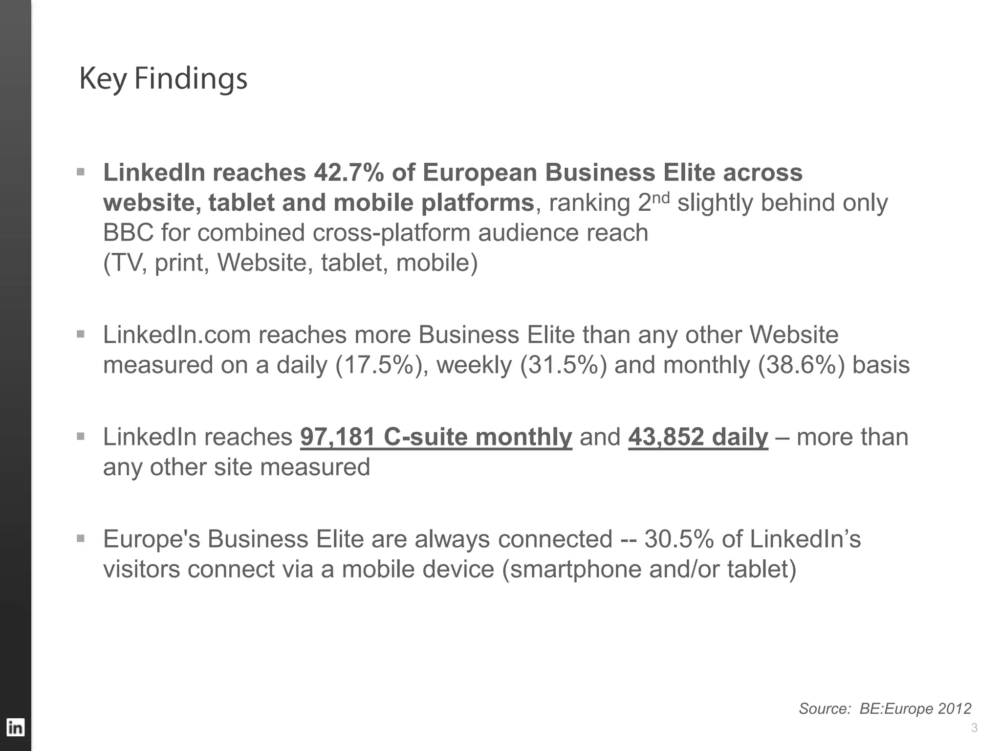  LinkedIn reaches 42.7% of European Business Elite across
  website, tablet and mobile platforms, ranking 2nd slightly behind only
  BBC for combined cross-platform audience reach
  (TV, print, Website, tablet, mobile)

 LinkedIn.com reaches more Business Elite than any other Website
  measured on a daily (17.5%), weekly (31.5%) and monthly (38.6%) basis

 LinkedIn reaches 97,181 C-suite monthly and 43,852 daily – more than
  any other site measured

 Europe's Business Elite are always connected -- 30.5% of LinkedIn’s
  visitors connect via a mobile device (smartphone and/or tablet)




                                                                Source: BE:Europe 2012
                                                                                     3
 