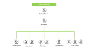 <Team Name > <Team Name > <Team Name > <Team Name >
<Manager>
<Product Owner>
<Team Name >
Team Structure
 