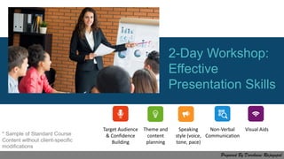 Target Audience
& Confidence
Building
Theme and
content
planning
Speaking
style (voice,
tone, pace)
Non-Verbal
Communication
Visual Aids
2-Day Workshop:
Effective
Presentation Skills
* Sample of Standard Course
Content without client-specific
modifications
Prepared By Darchaini Rajagopal
 