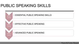 PUBLIC SPEAKING SKILLS
LEVEL 1
2 DAYS
• ESSENTIAL PUBLIC SPEAKING SKILLS
LEVEL 2
2 DAYS
• EFFECTIVE PUBLIC SPEAKING
LEVEL 3
2 DAYS
• ADVANCED PUBLIC SPEAKING
Prepared By Darchaini Rajagopal
 